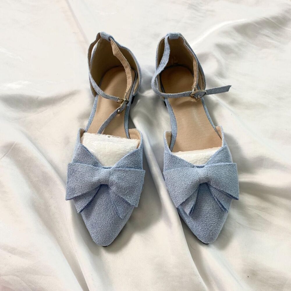Preppy Coquette Light Blue Faux Suede Bow Flats / Sandals US 7.5 / EU 38 - Picture 2 of 5